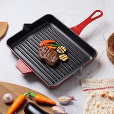 Mey İthalat Aryıldız Duo Cast Döküm Demir Grill Tava, Kırmızı, 26X32 Cm, Emaye Kaplama, Fırında Kullanılabilir, Ergonomik Kulp