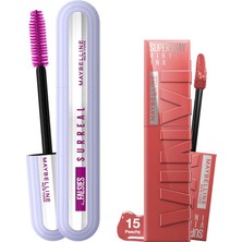 Mey İthalat Maybelline New York Falsies Surreal Maskara + Super Stay Vinyl Ink Uzun Süre Kalıcı Likit Parlak Ruj 15 Peachy