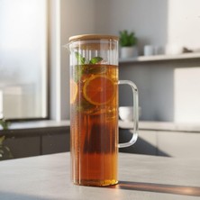 Mey İthalat Deconox 1000ML Bambu Kapaklı Line Borosilikat Cam Yağlık & Sürahi – Şık, Dayanıklı ve Sağlıklı Saklama Çözümü (8cm x 20CM)