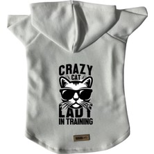 Mey İthalat Kapişonlu Polar Sweatshirt Köpek ve Kedi Kıyafeti & Elbisesi - Beyaz Crazy Cat M Beden