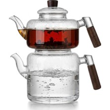 Mey İthalat Deconox Akasya Cam Çaydanlık Takımı 1800 ml + 950 ml - Ahşap Kulplu Isıya Dayanıklı Borosilikat Şeffaf Çaydanlık