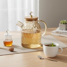 Mey İthalat Deconox 1600 ml Kristal Desenli Isıya Dayanıklı Cam Demlik - Ahşap Kapaklı, Gold Detaylı Büyük Boy Borosilikat Çaydanlık