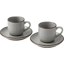 Mey İthalat 2'li Set Çizgili Seramik Fincan Takımı | Mat Kahverengi Beyaz Rustik Espresso & Türk Kahvesi Fincanı | Çift Kişilik Kulplu Servis Seti | Modern Ev ve Kafe Stili