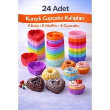 Silvora Silikon Karışık Mini Kek Kalıbı, Muffin + Kalp + Cupcake Kalıbı, Tekrar Kullanılabilir-24 Adet