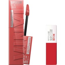 Mey İthalat Maybelline New York Super Stay Vinyl Ink Uzun Süre Kalıcı Likit Parlak Ruj 15 Peachy & Mini Super Stay Matte Ink Likit Mat Ruj - 20 Pioneer Makyaj Seti