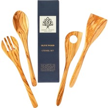 Mey İthalat Zeytin Ağacı El Yapımı 4 Parça Mutfak Seti, Ahşap Kaşık, Çatal, Spatula, Delikli Spatula 30 Cm.