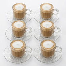Mey İthalat 6’lı Cam Kahve Fincanı Seti – Boncuk Kulplu Şeffaf Espresso & Türk Kahvesi Fincan Takımı (Tabaklı)