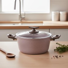 Mey İthalat Papilla Buzz 22 cm Derin Tencere - Shadow Krem Kırçıl Granit Efektli Yanmaz Yapışmaz Cam Kapaklı Çorba ve Yemek Tenceresi