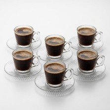 Mey İthalat 6’lı Cam Kahve Fincanı Seti Çizgili Desenli Şeffaf Fincan ve Tabak Takımı 8 cm Espresso Türk Kahvesi Sunum Seti