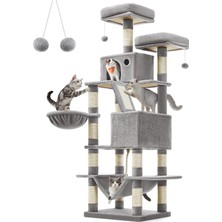 Mey İthalat Feandrea Tırmalama Ağacı, Büyük, 168 cm Yüksekliğinde, L Kedi Ağacı, 13 Tırmalama Sütunu, 2 Platform, 2 Mağara, Sepet, Hamak, Peluş Toplar, Çok Katlı Kedi Tırmalama Ağacı, Açık Gri PCT165W01