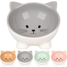 Mey İthalat Flamingo Fl Puzı Kedi Kulaklı Desenli Seramik Mama ve Su Kabı, 125ML, Gri
