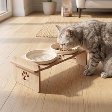Mey İthalat Ahşap Standlı Çift Kaseli Pet Mama Kabı, Seramik Kase, Kedi ve Küçük/orta Boy Köpek Uyumlu (Paspas Hediyeli) (Beyaz)