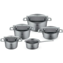 Mey İthalat Fissler Phi Collection / Paslanmaz Çelik Tencere Seti, 5 Parça, Cam Kapaklı Tencereler (3 Tencere, 1 Kızartma Tenceresi, 1 Saplı Tencere) – Indüksiyon