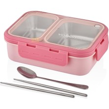 Mey İthalat Vagonlife Bento 700ML Lunchbox Tek Katlı 2 Bölmeli Çelik Sefer Tası Yemek Kutusu (Pembe)
