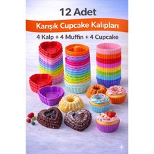 Silvora Silikon Karışık Mini Kek Kalıbı, Muffin + Kalp + Cupcake Kalıbı, Tekrar Kullanılabilir-12 Adet