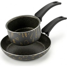 Mey İthalat Papilla Master 2'li Ekonomik Set: 12 cm Sosluk & 20 cm Tava - Mutfak Desenli Gold Mastik Yanmaz Yapışmaz Set