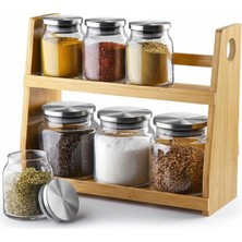 Mey İthalat Deconox 8 Parça Borosilikat Cam Baharatlık Seti (700 Ml) - Paslanmaz Çelik Kapaklı ve Bambu Kapak Sçenekli 2 Katlı Bambu Standlı Tezgah Üstü Erzak Kabı ve Mutfak Düzenleyici Organizer (Bambu Kapak)