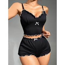 Bezos Kadın Siyah Fitilli Askılı Şortlu Pijama Takım 5042