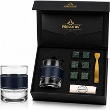 Perlotus Lacivert Hakiki Deri Kılıflı Viski Bardağı Seti 210 cc Kristal Kadeh, 6 Granit Viski Taşı, Gold Buz Maşası, Premium Hediye Kutusu