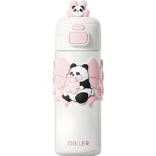 Mey İthalat Diller 480ML Sevimli Hayvanlar Süslü Pipetli/pipetsiz El Askılı Paslanmaz Çelik Termos (Pembe Panda)