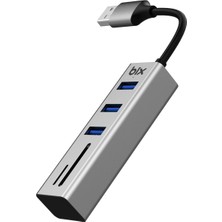 Mey İthalat Bix BX04HB Sd/micro Sd Kart Okuyuculu ve 3 Portlu USB 3.0 Çoklayıcı Hub Dönüştürücü Adaptör