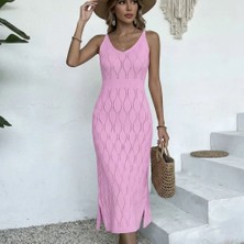 Gns Store %100 Pamuk Yaprak Desen Ajurlu Belden Lastikli Uzun Triko Plaj Elbisesi Gnsstore
