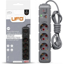 Mey İthalat Ufo Yeni 4lü Akım Korumalı Grup Priz 1,5 Metre Bakır Kablolu, 5V 2,4A USB ve Type-C ile Şarj, Anahtarlı Topraklı Priz, Sürekli Koruma, 16A 250V, Max 3500W Aşırı Yük Koruması, 1,5m. Gri Renk