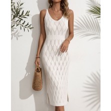 Gns Store %100 Pamuk Yaprak Desen Ajurlu Belden Lastikli Uzun Triko Plaj Elbisesi Gnsstore