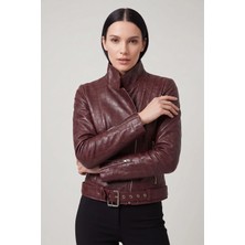 Deriderim Bordo Vintage Hakiki Deri Asimetrik Fermuarlı Kadın Biker Ceket