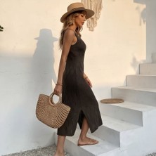 %100 Pamuk Yaprak Desen Ajurlu Belden Lastikli Uzun Triko Plaj Elbisesi Noxxa