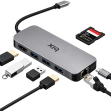 Mey İthalat Bix BX10HB 8'i1 Arada Type-C Hub 4K@30Hz HDMI Bağlantı, 100W Pd Güç Dağıtımı C Tipi Şarj Bağlantı Noktası, 1gbps Ethernet, 3* USB 3.0, Macbook Pro/air, Windows, Chrome/android Uyumlu Çoklayıcı Adaptör