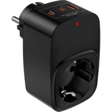 Mey İthalat Vetech Akım Korumalı Priz 1x Priz, 2x Type-C, 1x USB Port Çıkışlı Tekli (Siyah)
