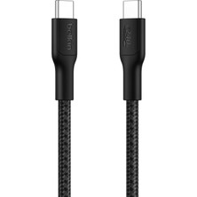 Mey İthalat Belkin Eco Örgülü Usb-C - Usb-C Kablosu, 1 M, 240 W, Yumuşak, Esnek Hızlı Şarj Kablosu, iPhone 16, Galaxy S25, Pixel 9, Macbook, iPad Pro ve Daha Fazlası Için Tip-C Şarj Kablosu - Siyah (Usb 2.0)