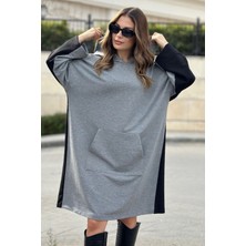 WeShaya Kadın Siyah Kapüşonlu, Ön ve Arkası Farklı Renk, Kanguru Cepli, Salaş-Oversize Elbise