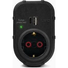 Mey İthalat Ufo Yeni Tekli Akım Korumalı 5V 2,4A USB ve Type-C ile Hızlı Şarj, Topraklı Priz, Sürekli Koruma, 16A 250V, Max 3500W Aşırı Yük Koruması (Siyah)