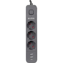 Mey İthalat S-Link SPG03U 2 USB +1type C 5V2.4A 1.5m 3X1.00MM 100% Bakır 750 Joule 3 Lü Anahtarlı Akım Korumalı Siyah Priz