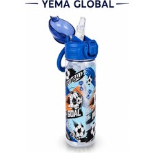 Yema Global Futbol Desenli Çocuk Matarası 500 ml - Pipetli, Kilitli Kapaklı, Taşıma Askılı
