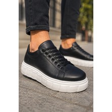 Mevese Ares Bağcıklı Cilt Erkek Günlük Sneaker Yüksek Taban Ayakkabı - Siyah Beyaz