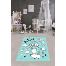 Mey İthalat Pelangi Baykuş Desenli Dijital Baskılı Kaymaz Taban Yıkanabilir Leke Tutmaz Çocuk Odası Halısı, Mavi 130 x 180
