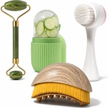 Umiya 4’lü Serinletici Yüz Bakım Seti Buz Rulosu Jade Roller Çift Yönlü Temizleme Fırçası ve Masaj Fırçası