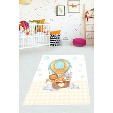 Mey İthalat Pelangi Uçan Balonda Fil Aslan Zürafa ve Yıldızlı Yıkanabilir Kaymaz Taban Leke Tutmaz Çocuk Odası Halısık, Beyaz 180 x 250, 76420451802501