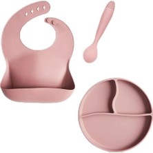 Mey İthalat Meleni Baby 3'lü Silikon Beslenme Seti - Silikon Mama Önlüğü Vakum Tabanlı Tabak Diş Kaşıyıcılı Kaşık Pembe