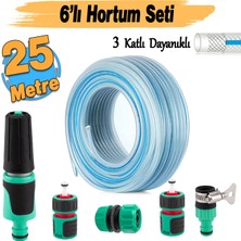 Badem10 Üç Katlı Şeffaf Sağlam Bahçe Hortumu (25 Metre) Çeşme Su Sulama Hortum 6'lı Bağlantı Adaptör Seti