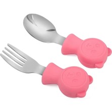 Mey İthalat Valkyrie 304 Çelik Panda Bebek Kaşık Çatal Setisilikon Saplı Bpa Içermez Ergonomik Kaymaz Pembe