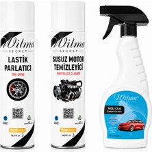 wilma secret 3'lü Araba Parlatma Seti - Lastik Parlatıcı - Susuz Motor Temizleyici - Hızlı Cila