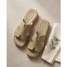 Futsi Shoes Lagoon Yeşil Hakiki Deri Hasır Taban Kadın Terlik