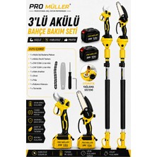 Pro Müller Alman Profesyonel 3'lü Set 24 V Çift Akülü Teleskopik Kollu Bağ Makası ve Budama Testeresi Makinesi