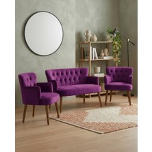 Azra Mobilya Roma 2+1+1 Babyface Kumaş Chester Çay Seti Ev & Ofis Koltuk Takımı - Ahşap Ceviz Ayak - Mor