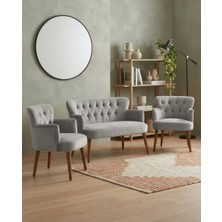 Azra Mobilya Roma 2+1+1 Babyface Kumaş Chester Çay Seti Ev & Ofis Koltuk Takımı - Ahşap Ceviz Ayak - Açık Gri