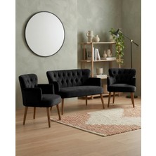 Azra Mobilya Roma 2+1+1 Babyface Kumaş Chester Çay Seti Ev & Ofis Koltuk Takımı - Ahşap Ceviz Ayak - Siyah